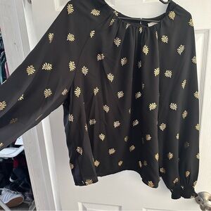 LOFT Black Blouse with Gold Leaf Pattern